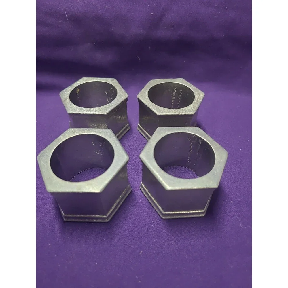 Vintage Wilton Armetale Columbia Pewter Hexagon Napkin Rings Set of 4 USA 1972